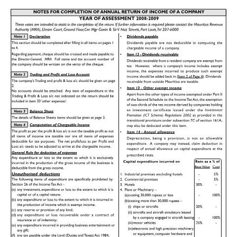 Document preview: Notes on I.T Form 3 — Form, Mauritius (CERFA n°CompanyNotes08FINAL)