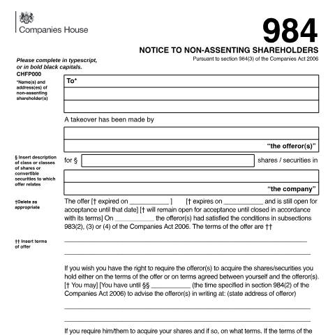 Document preview: Give notice of a takeover to non-assenting shareholders (984) — Companies House, United Kingdom