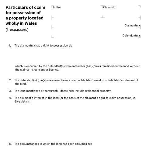 Document preview: Particulars of claim (trespassers): Form N121 Wales — HM Courts & Tribunals Service, United Kingdom