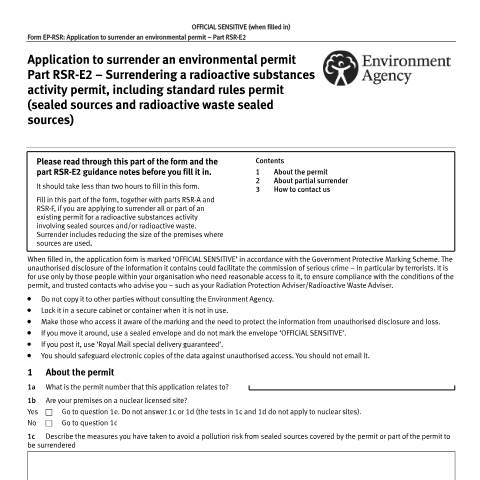 Document preview: Part RSR-E2: surrender a sealed source permit — Environment Agency, United Kingdom