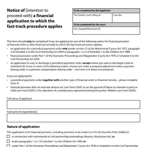 Document preview: Give notice of intention to proceed with an application for a financial remedy (other than a financial order) in the county court or High Court: Form A1 — HM Courts & Tribunals Service, United Kingdom