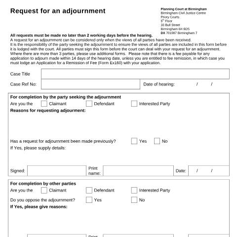 Document preview: Form PC001: Request for an Adjournment (Birmingham) — HM Courts & Tribunals Service, United Kingdom
