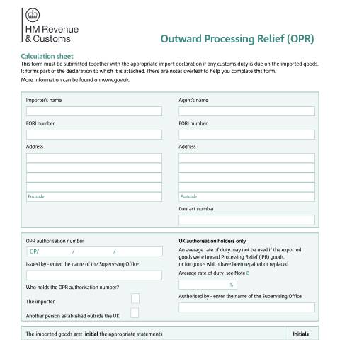 Document preview: Outward Processing Relief calculation for imports (C&E1154) — HM Revenue & Customs, United Kingdom