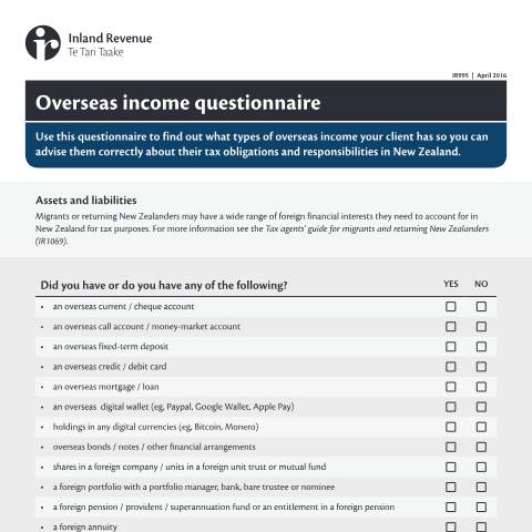 Document preview: Overseas income questionnaire — Other, New Zealand (CERFA n°IR995)