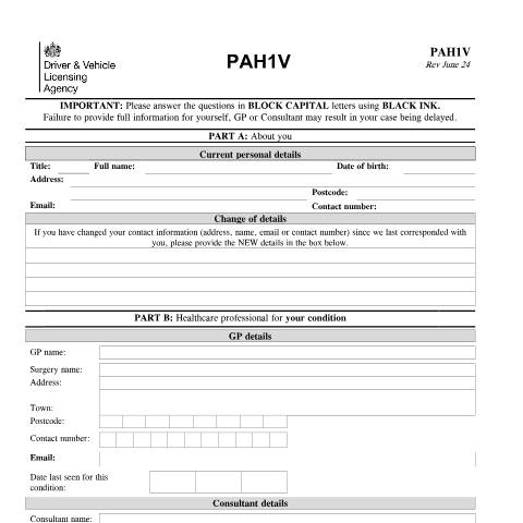 Document preview: Report your medical condition (form PAH1V) — Driver and Vehicle Licensing Agency, United Kingdom