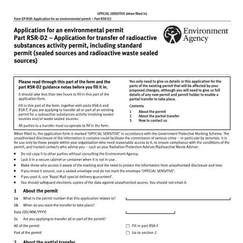 Document preview: Part RSR-D2: transfer a RSR sealed sources permit — Environment Agency, United Kingdom