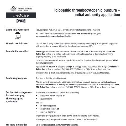 Document preview: Idiopathic thrombocytopenic purpura - initial authority application form (PB097) — Services Australia — Health professionals, Australia (CERFA n°PB097)