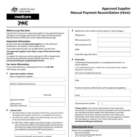 Document preview: Approved supplier manual payment reconciliation form (PB242) — Services Australia — Health professionals, Australia (CERFA n°PB242)