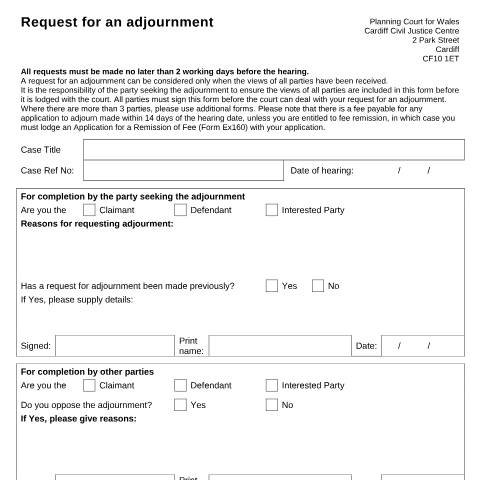 Document preview: Form PC001: Request for an Adjournment (Cardiff) — HM Courts & Tribunals Service, United Kingdom