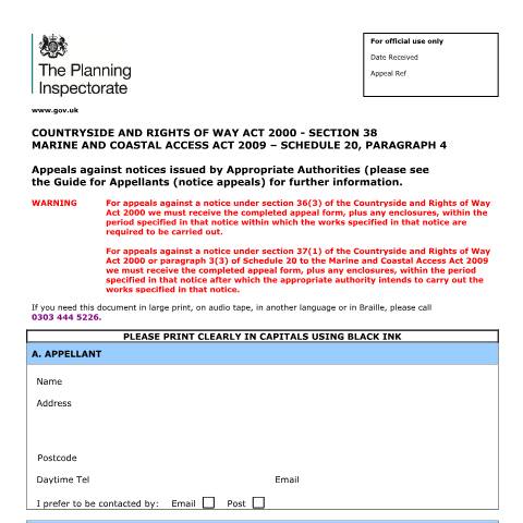 Document preview: Notice appeals: appeal form and guidance — Planning Inspectorate, United Kingdom
