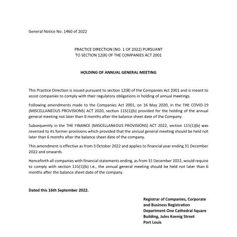 Document preview: Practice Direction No 1 of 2022 — Reference, Mauritius (CERFA n°Practice-Direction-No-1-of-2022)