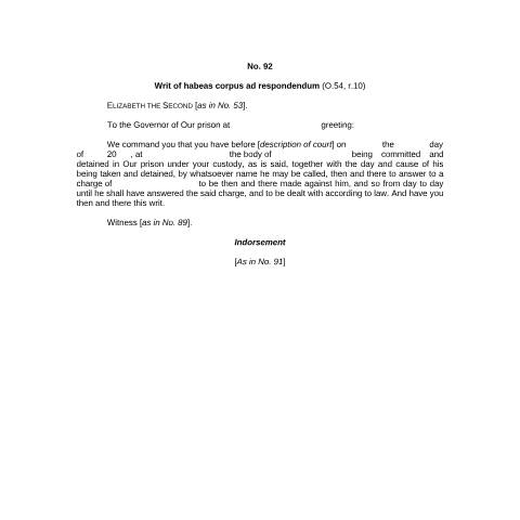 Document preview: Practice form No. 92: Writ of habeas corpus ad respondendum — HM Courts & Tribunals Service, United Kingdom