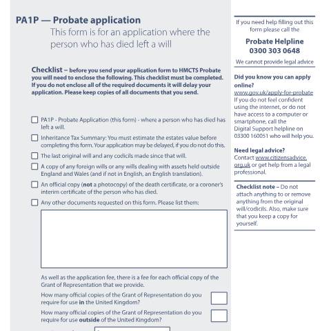 Document preview: Apply for probate by post if there is a will: Form PA1P — HM Courts & Tribunals Service, United Kingdom