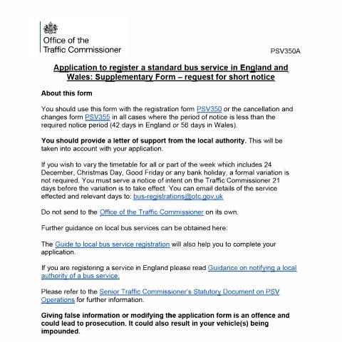 Document preview: Local bus service supplementary form – request for short notice (PSV350A) — Traffic Commissioners for Great Britain, United Kingdom