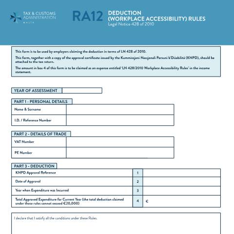 Document preview: RA Forms — ra12---deduction-(workplace-accessibility)-rules.pdf — income_tax, Malta (CERFA n°ra12---deduction-(workplace-accessibility)-rules)