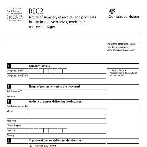 Document preview: Give notice of summary of receipts and payments (REC2) — Companies House, United Kingdom
