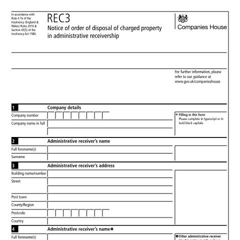 Document preview: Give notice of order of disposal of charged property (REC3) — Companies House, United Kingdom