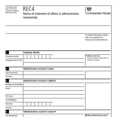 Document preview: Give notice of statement of affairs in administrative receivership (REC4) — Companies House, United Kingdom