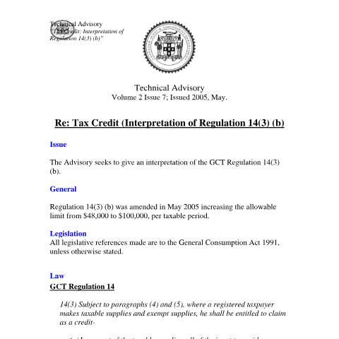Document preview: 2005.IROC.GCT - Tax Credit - (Interpretation of Regulation 14(3)(b)) — Regulation / Order, Jamaica (CERFA n°2005.iroc.gct+-+tax+credit+-+interpretation+of+regulation+143b)