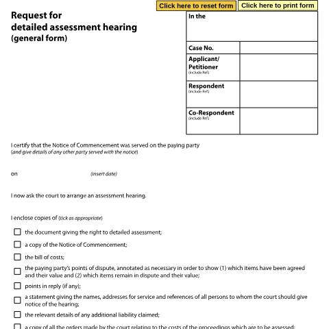 Document preview: Request for detailed assessment hearing (general form): Form D258 — HM Courts & Tribunals Service, United Kingdom