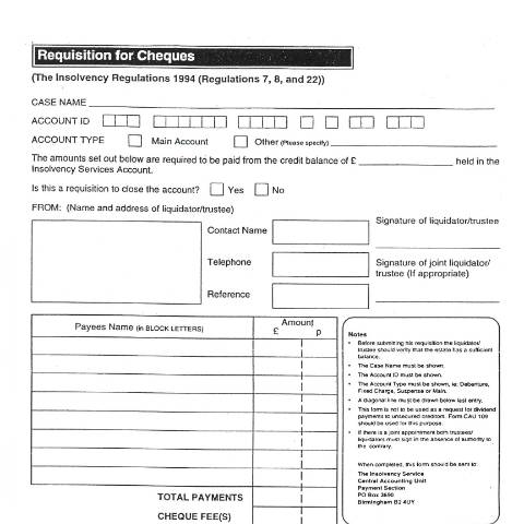 Document preview: Insolvency practitioners: requisition for cheques — The Insolvency Service, United Kingdom