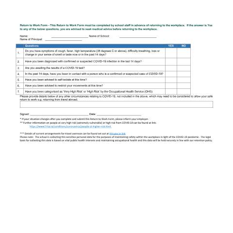 Document preview: Return to Work Form — Department of Education, Ireland
