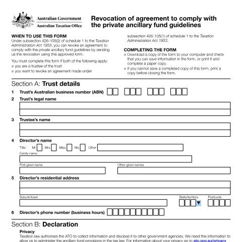 Document preview: Revocation of agreement to comply with the private ancillary fund guidelines — ATO — Not-for-profit, Australia (CERFA n°NAT 73401)