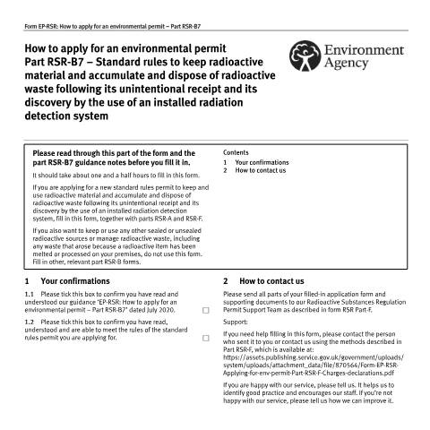 Document preview: Part RSR-B7: apply to keep radioactive material and accumulate and dispose of radioactive waste following its unintentional receipt — Environment Agency, United Kingdom