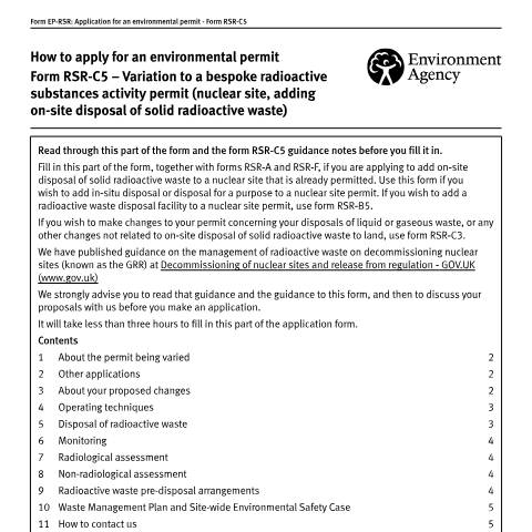 Document preview: Part RSR-C5: variation to a bespoke radioactive substances activity — Environment Agency, United Kingdom