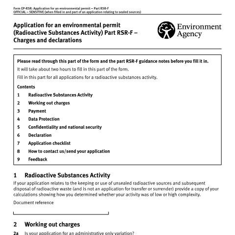 Document preview: Application for a RSR environmental permit: part RSR-F — Environment Agency, United Kingdom