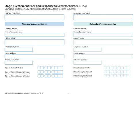 Document preview: Form RTA5: Stage 2 settlement pack form and response to settlement pack — HM Courts & Tribunals Service, United Kingdom