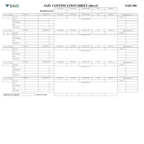 Document preview: SAD 506 – Continuation Sheet – External Form — PDF Forms, South Africa (CERFA n°SAD 506)