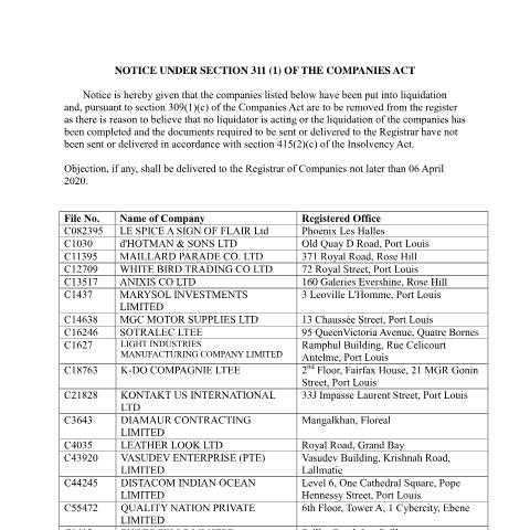 Document preview: NOTICE UNDER SECTION 311 dated 02 03 2020 — Document, Mauritius (CERFA n°NOTICE-UNDER-SECTION-311-dated-02-03-2020)
