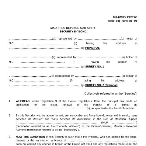 Document preview: Security by Bond — Document, Mauritius (CERFA n°SecurityBond)