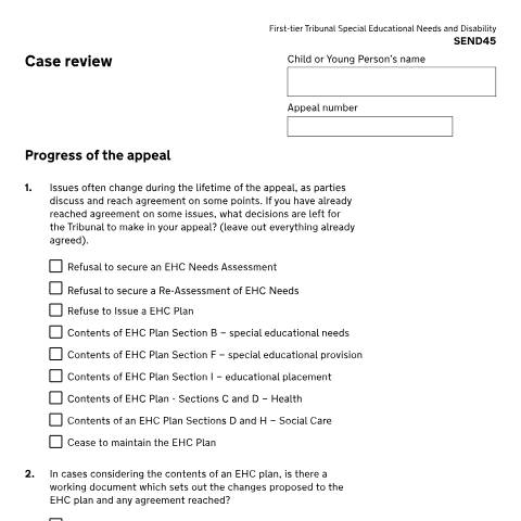 Document preview: Report issues with a case to the tribunal: Form SEND45 — HM Courts & Tribunals Service, United Kingdom