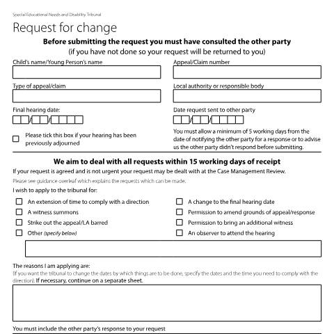 Document preview: Request for change: Form SEND7 — HM Courts & Tribunals Service, United Kingdom