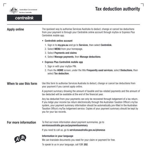 Document preview: Tax Deduction Authority — Services Australia — Individuals (by code), Australia (CERFA n°SU066)