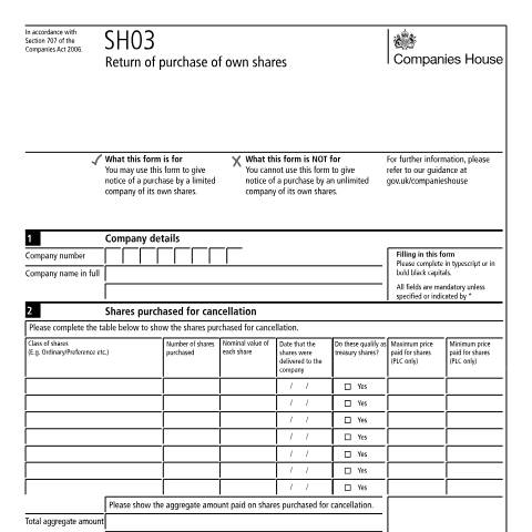Document preview: Notify a purchase of own shares (SH03) — Companies House, United Kingdom