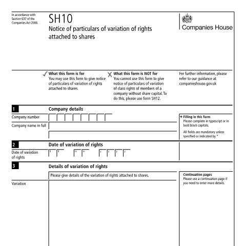 Document preview: Give notice of particulars of variation of rights attached to shares (SH10) — Companies House, United Kingdom