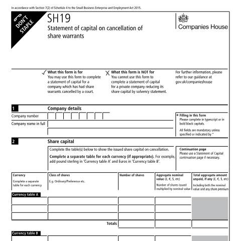 Document preview: Statement of capital when reducing capital in a company after share warrants cancelled (SH19) — Companies House, United Kingdom