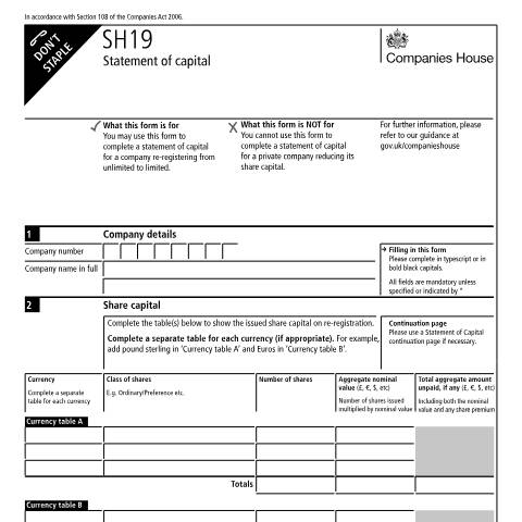 Document preview: Statement of capital when re-registering from unlimited to limited (SH19) — Companies House, United Kingdom