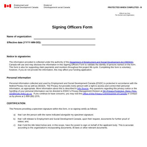 Document preview: Signing Officers Form — Employment and Social Development Canada, Canada (CERFA n°EMP5691)