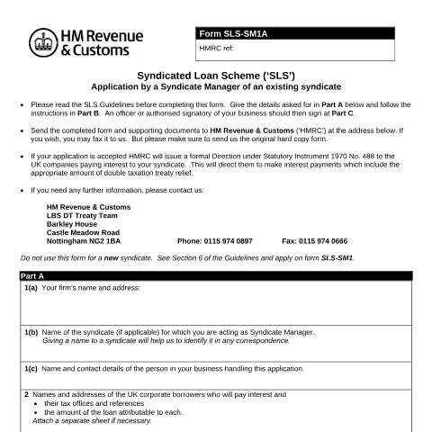 Document preview: International tax: application by a Syndicate Manager of an existing syndicate (SLS-SM1A) — HM Revenue & Customs, United Kingdom