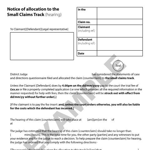 Document preview: Form N157: Notice of Allocation to the small claims track (Hearing) — HM Courts & Tribunals Service, United Kingdom