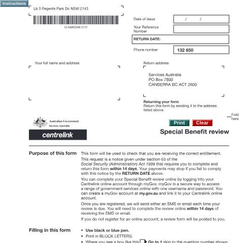 Document preview: Special Benefit Review — Services Australia — Individuals (by code), Australia (CERFA n°BC048M)