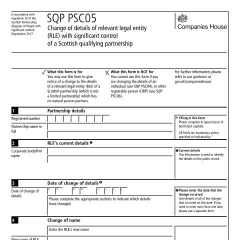 Document preview: Give details of relevant legal entity with significant control of a Scottish qualifying partnership (SQP PSC05) — Companies House, United Kingdom