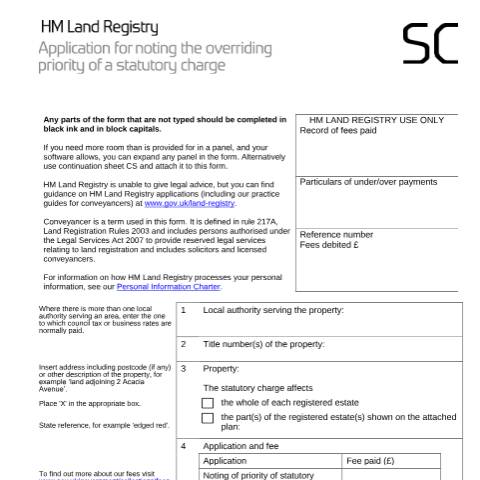 Document preview: Statutory charge: noting the overriding priority (SC) — HM Land Registry, United Kingdom