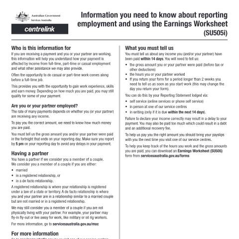 Document preview: Information you need to know about reporting employment and using the Earnings Worksheet — Services Australia — Individuals (by code), Australia (CERFA n°SU505I)