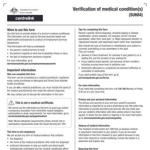 Document preview: Verification of medical conditions — Services Australia — Individuals (by code), Australia (CERFA n°SU684)