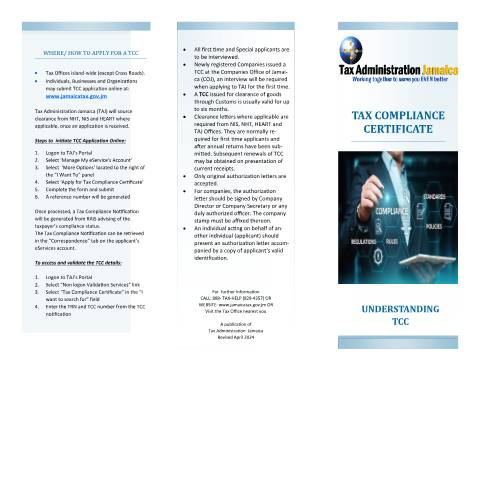 Document preview: Understanding Tax Compliance Certificate (TCC) — Form, Jamaica (CERFA n°Tax_Compliance_Certificate_042024)